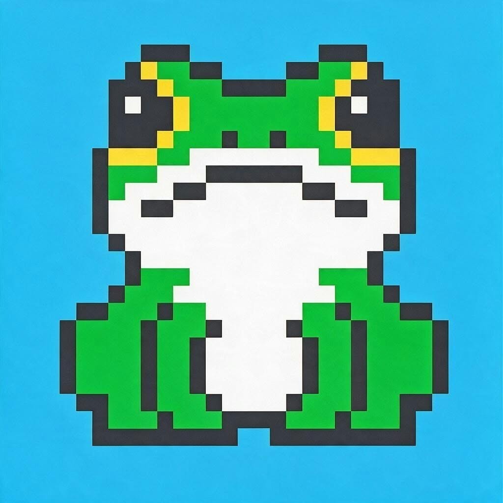 Pixel art frog design in green, white, black, and yellow on a bright blue background.