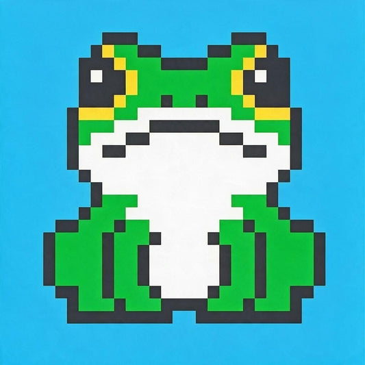 Pixel art frog design in green, white, black, and yellow on a bright blue background.