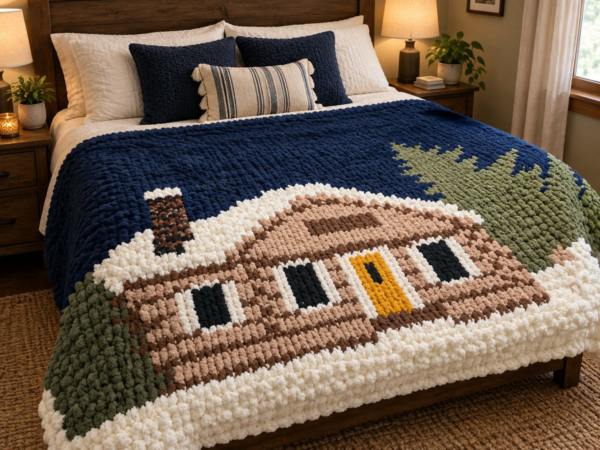 A cozy handmade knitted bedspread featuring a log cabin design, styled on a bed in a warm bedroom setting with matching pillows and bedside lamps.