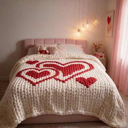 A cozy bedroom scene with a bed dressed in a chunky knit cream blanket featuring a large red heart pattern. The bed has a pink tufted headboard, pink pillows, and small stuffed animals, with warm hanging bulbs and pink curtains in the background.