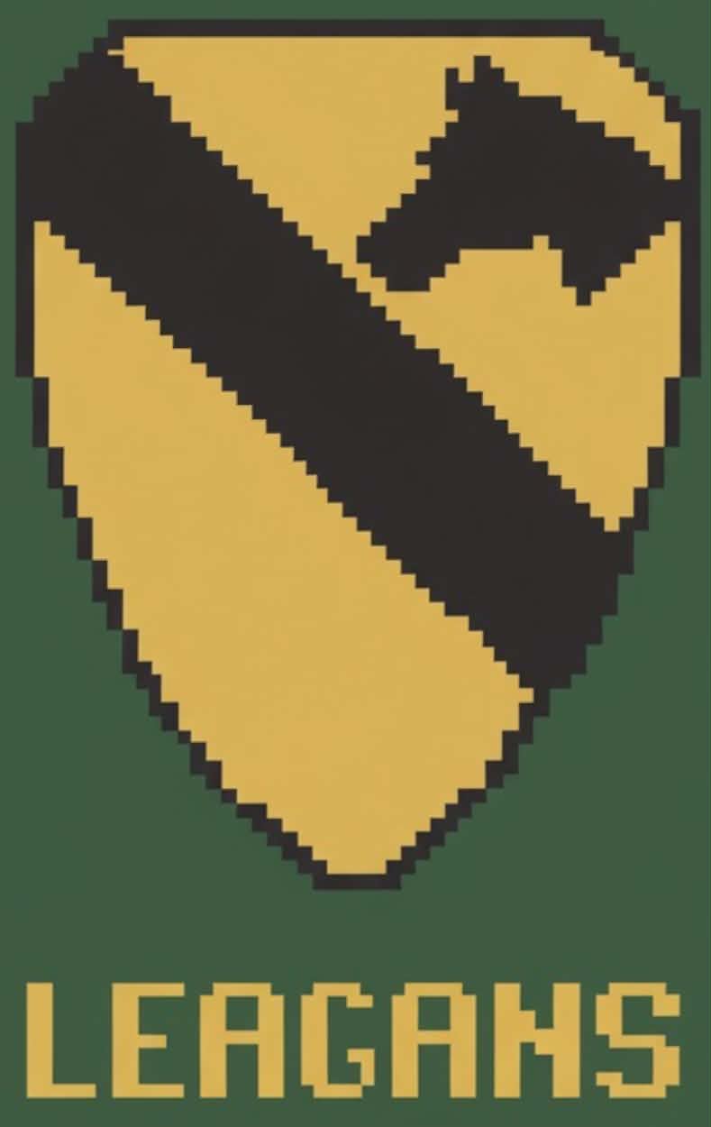 Pixelated logo with a shield design and 'LEAGANS' text on a green background