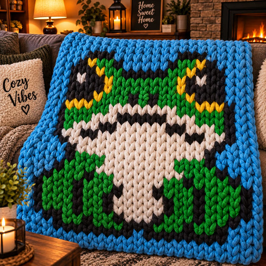 A chunky knit crocheted throw blanket featuring a pixelated frog design in green, black, white, and yellow, draped over a cozy sofa in a warmly lit living room.