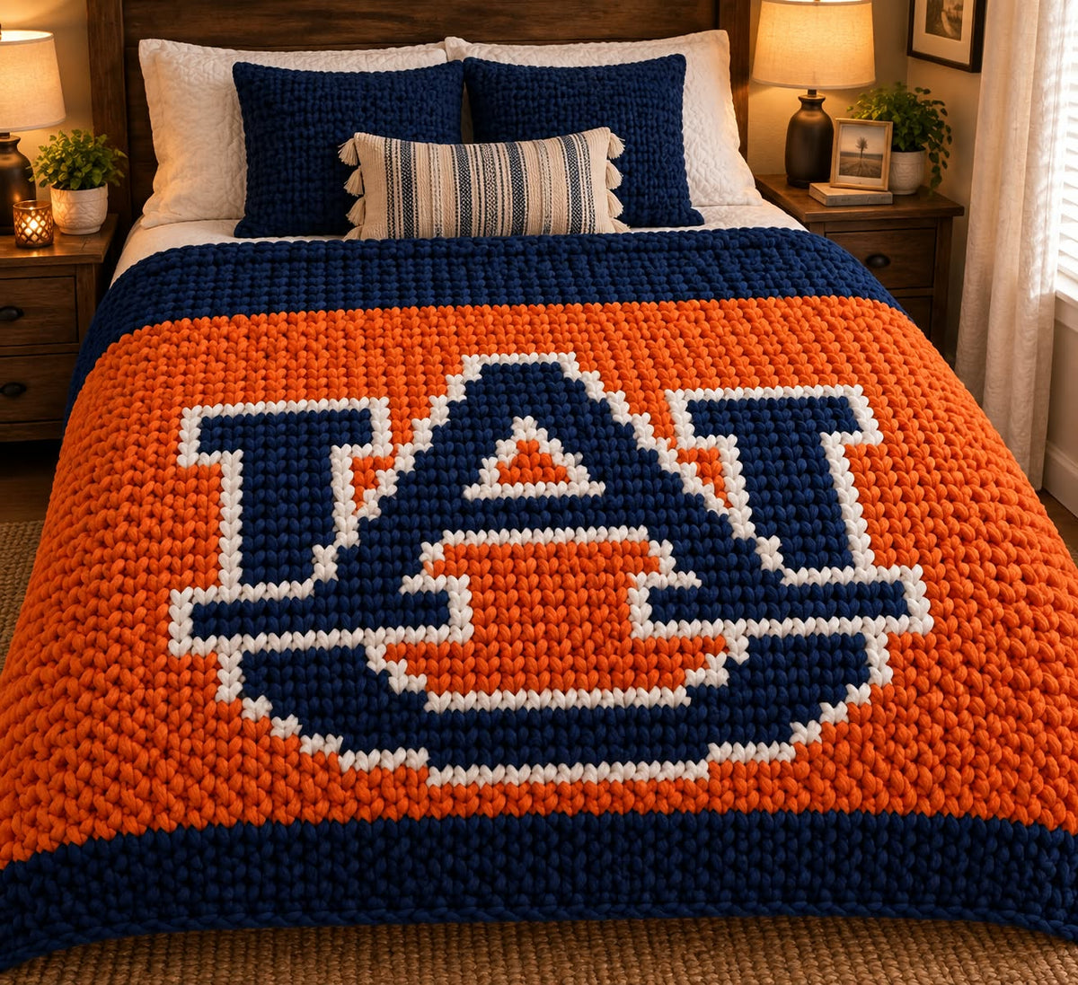 A cozy bedroom scene showing a chunky knit comforter or quilt spread across a bed. The design features a large navy blue and white 'AU' monogram centered on a bright orange background, with navy blue border stripes at the top and bottom.
