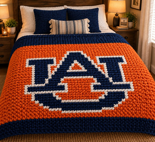 A cozy bedroom scene showing a chunky knit comforter or quilt spread across a bed. The design features a large navy blue and white 'AU' monogram centered on a bright orange background, with navy blue border stripes at the top and bottom.