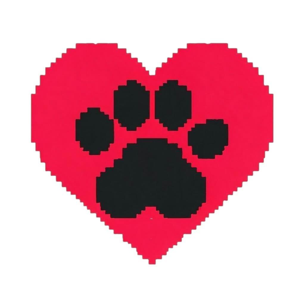 Red heart with black paw prints on a light gray background