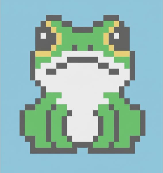 Pixel art of a frog on a blue background