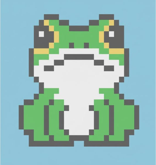Pixel art of a frog on a blue background