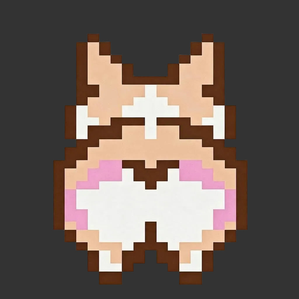 Pixel art illustration of a corgi butt in a retro 8-bit style, featuring beige fur, pink inner ears, and dark brown outlines, centered on a solid gray background.