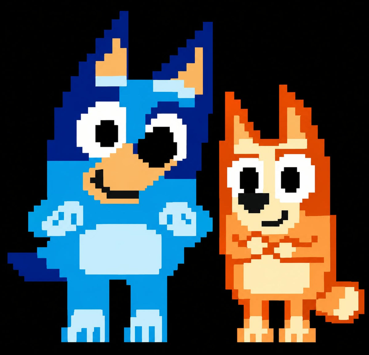 Pixel art illustration of two cartoon dogs side by side on a black background: a blue dog on the left and an orange dog on the right.