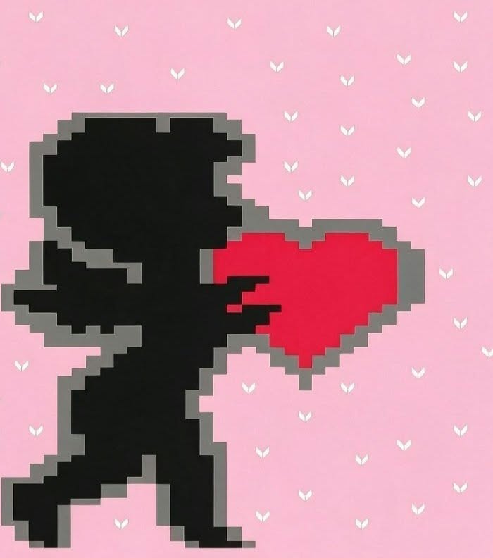 Pixel art design of a black silhouette of Cupid with a red heart, on a pink background with small white heart motifs.