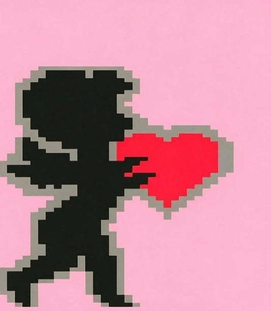 Pixel art graphic of a black silhouette figure holding a red heart against a solid pink background.