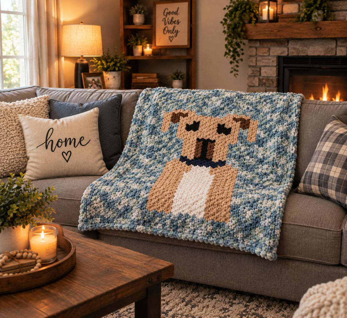 A cozy living room scene with a chunky knit throw blanket draped over a gray sofa. The blanket features a dog motif in tan, cream, and blue with a dark navy collar detail.