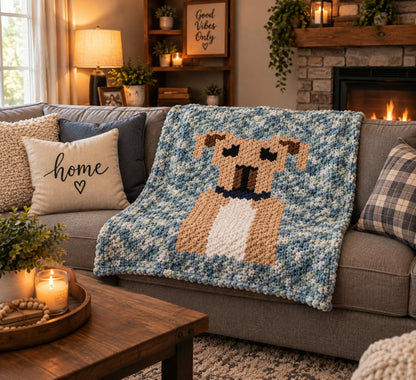 A cozy living room scene with a chunky knit throw blanket draped over a gray sofa. The blanket features a dog motif in tan, cream, and blue with a dark navy collar detail.