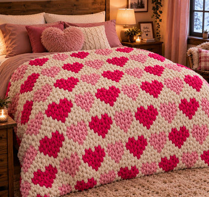 A cozy handmade chunky knit blanket with a pattern of hearts in shades of pink, magenta, and cream, styled on a bed in a warmly lit bedroom.