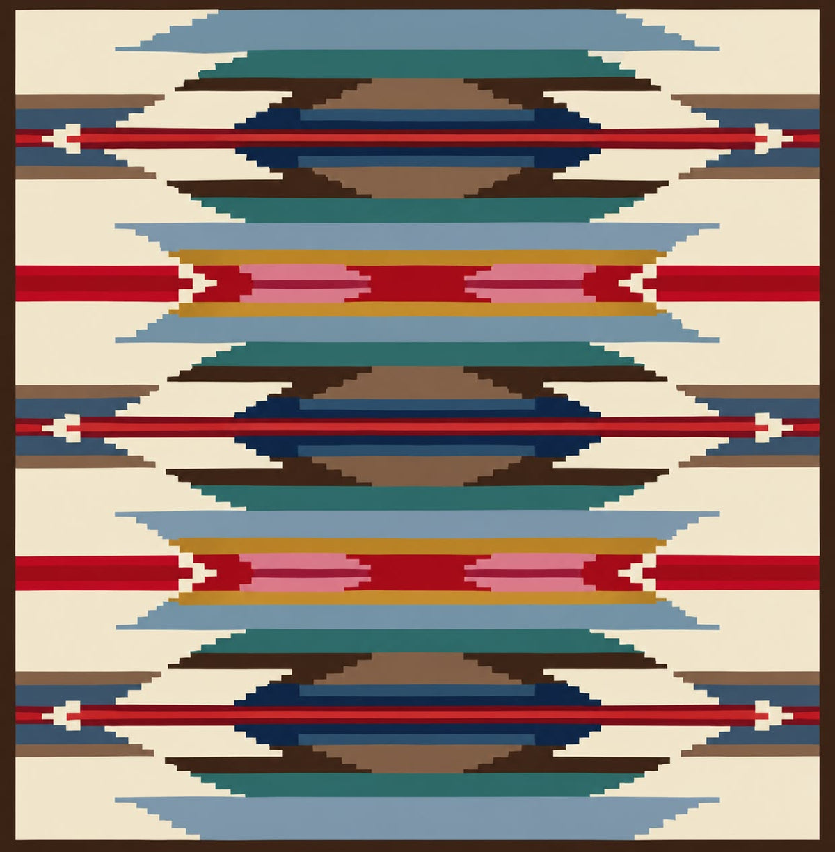 An Aztec-inspired chunky knit  pattern with a Southwestern geometric design, featuring horizontal bands of red, pink, blue, brown, beige, and light blue on a cream background.