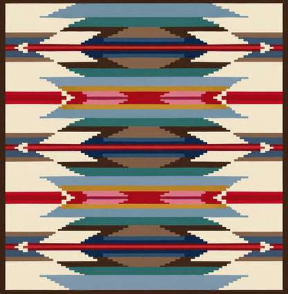 An Aztec-inspired chunky knit  pattern with a Southwestern geometric design, featuring horizontal bands of red, pink, blue, brown, beige, and light blue on a cream background.