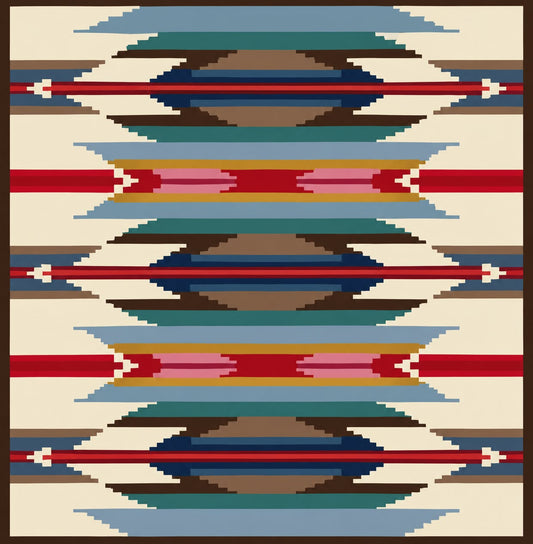 An Aztec-inspired chunky knit  pattern with a Southwestern geometric design, featuring horizontal bands of red, pink, blue, brown, beige, and light blue on a cream background.