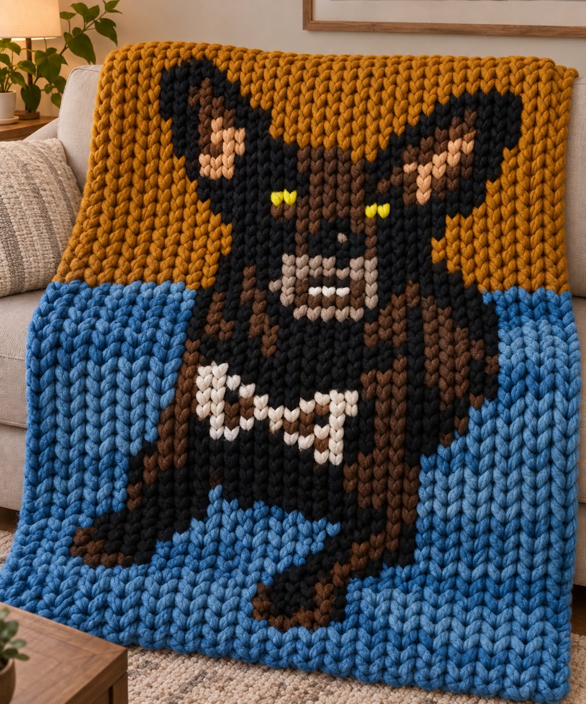 A chunky knit blanket featuring a stylized cartoon dog character, draped over a sofa in a living room setting. The blanket has a mustard yellow top section, a blue bottom section, and a brown dog with black ears and paws, white chest markings, and yellow eyes.