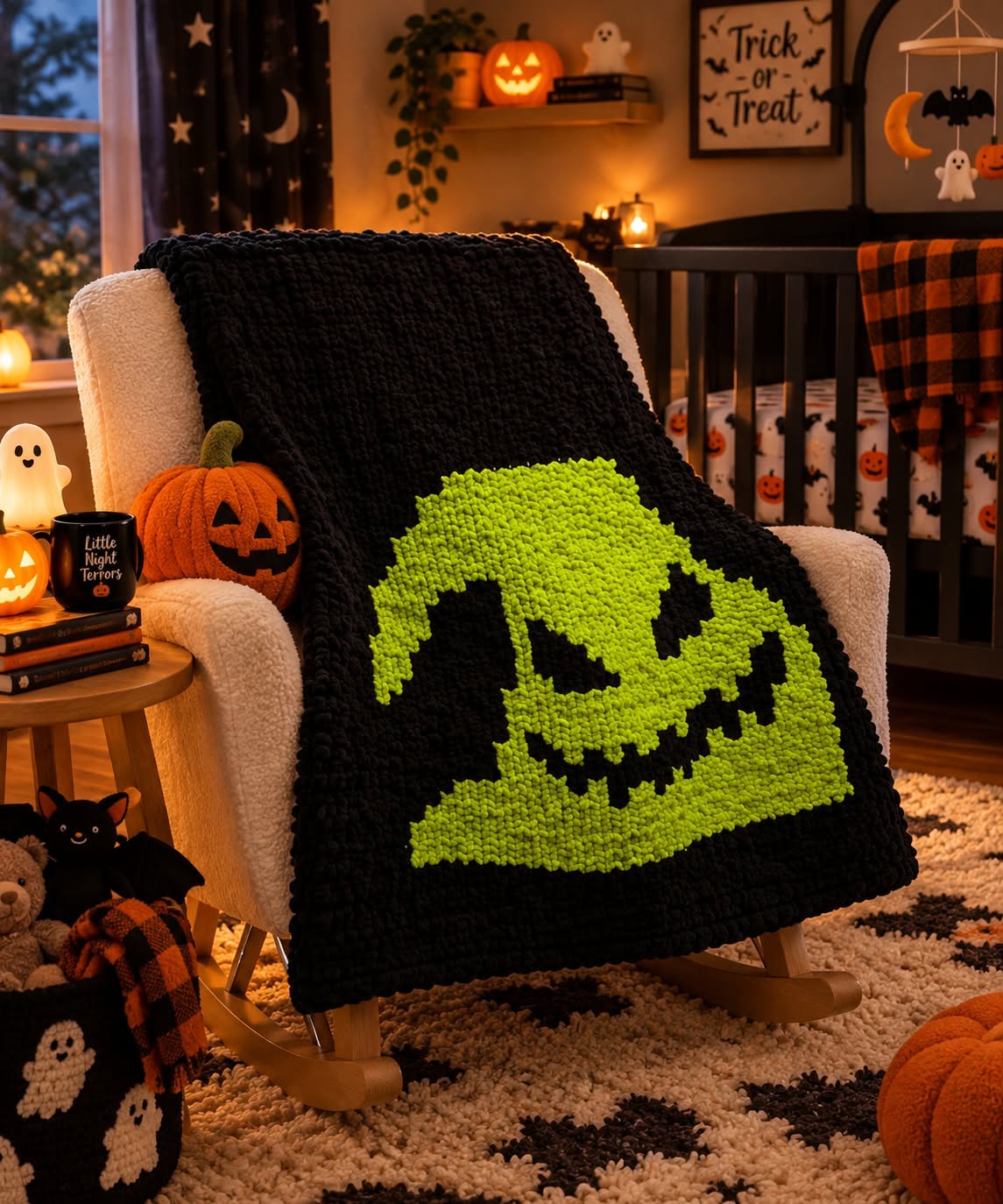 Oogie Boogie chunky-knit blanket draped over a chair, featuring a bold green Oogie Boogie silhouette on a black background.