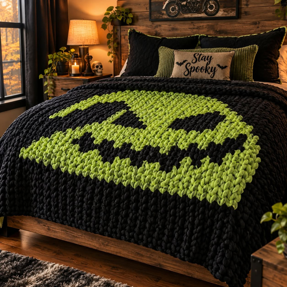 Oogie Boogie chunky-knit blanket pattern featuring a bold green Oogie Boogie silhouette on a black background, inspired by The Nightmare Before Christmas, designed by Wicked Warmth.
