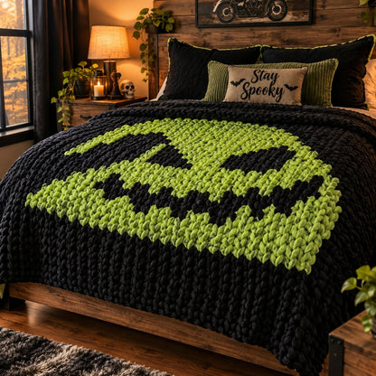 Oogie Boogie chunky-knit blanket pattern featuring a bold green Oogie Boogie silhouette on a black background, inspired by The Nightmare Before Christmas, designed by Wicked Warmth.
