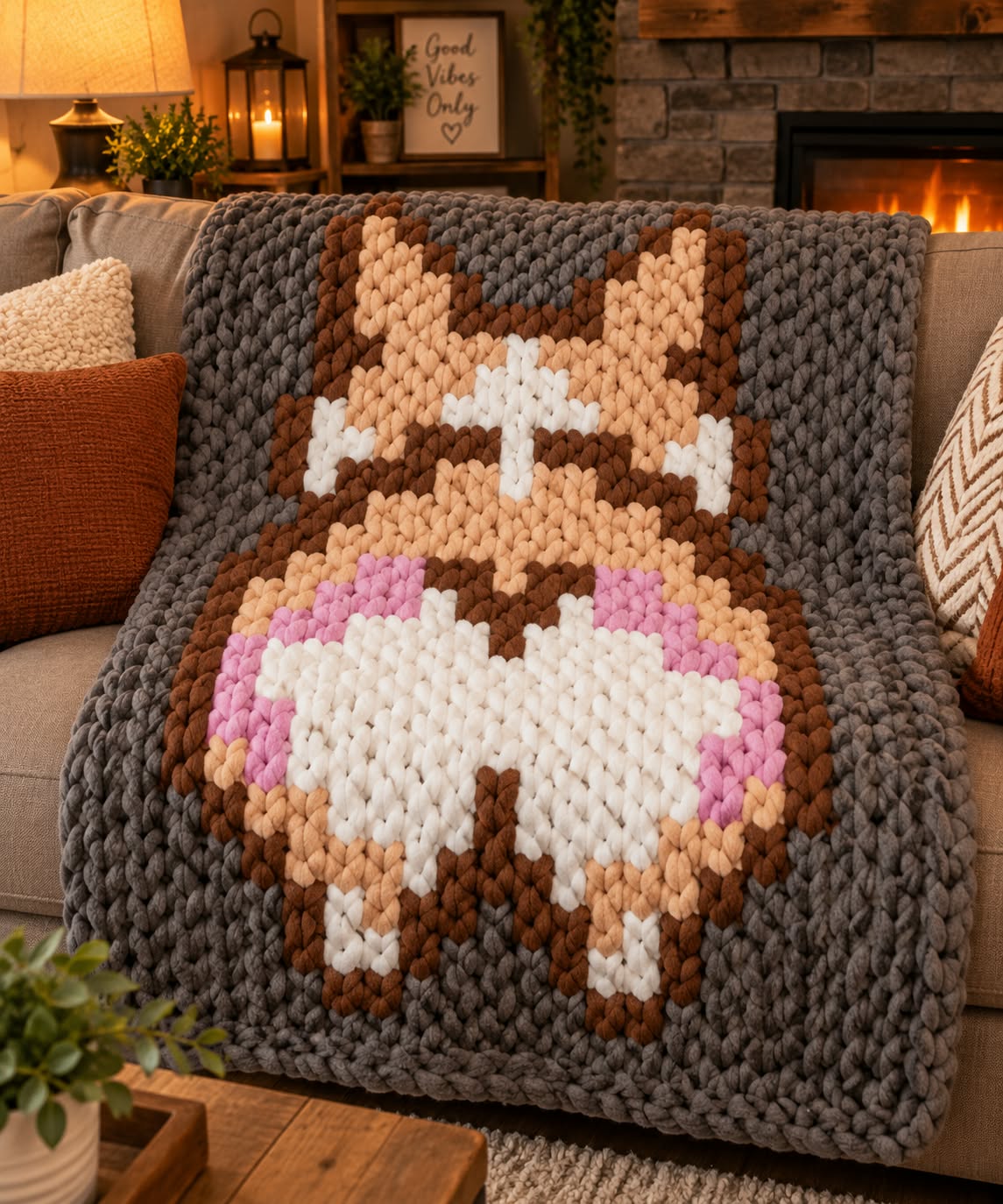 A chunky knit throw blanket draped over a couch in a cozy living room. The blanket features a stylized cartoon dog face with brown, beige, white, and pink yarn details on a dark gray background.