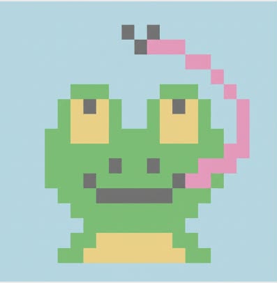 Pixel art frog with a green head and body on a light blue background