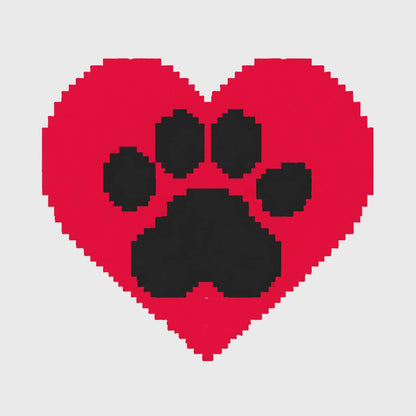 Red heart with black paw prints on a light gray background