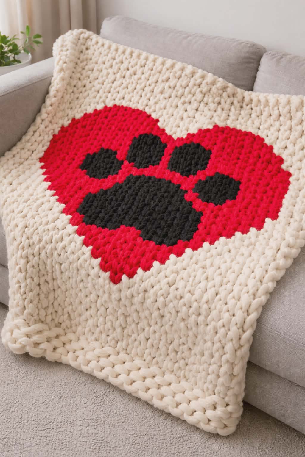 Knitted pillow with a red heart and black paw prints on a couch.