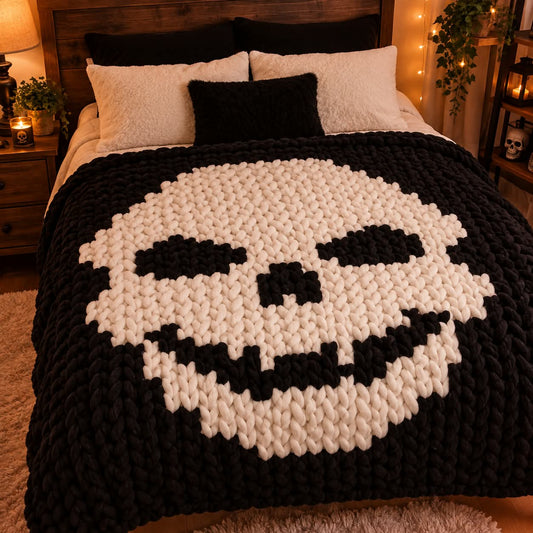 A chunky knit blanket with a large black-and-white skull design spread across a bed in a warmly lit bedroom. White and black pillows are arranged on the bed, with bedside tables, lamps, and string lights visible in the room.
