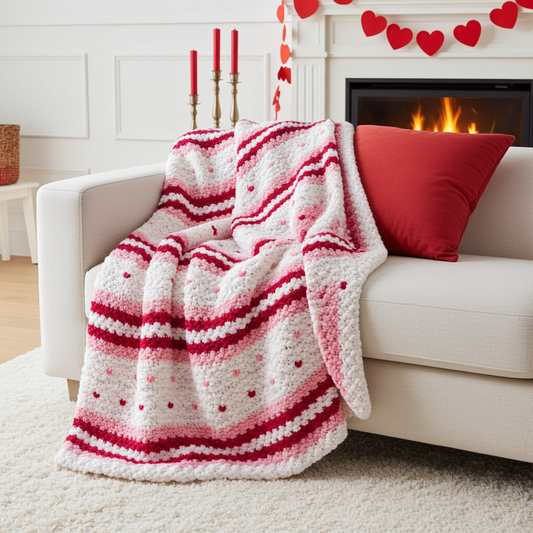 Red and white striped blanket draped over a couch in a cozy living room with a fireplace.