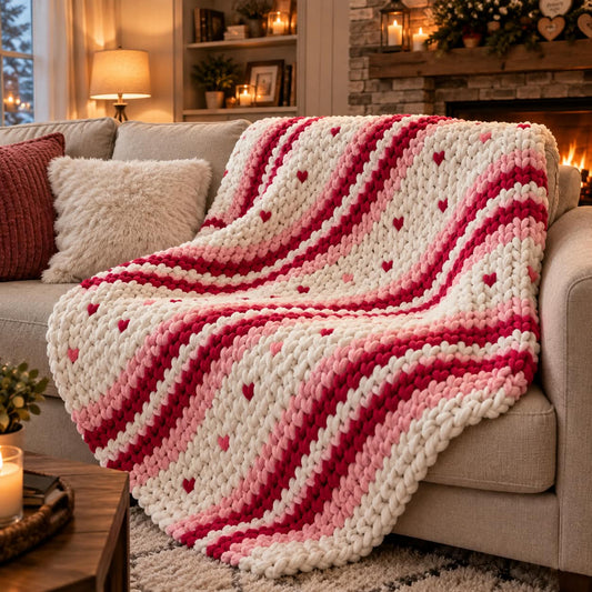 A chunky knit throw blanket draped over a beige sofa in a cozy living room. The blanket has wavy stripes in cream, light pink, and dark red, with small knitted hearts woven throughout.