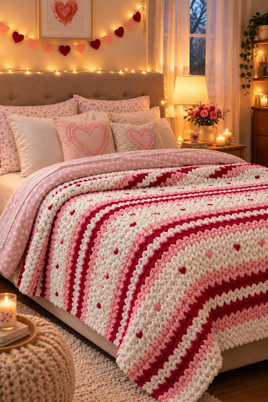 A cozy bedroom scene featuring a handmade chunky knit blanket with pink and white stripes and heart details draped over a bed. The room is decorated for Valentine's Day with heart garlands, a heart-patterned pillow, a lit bedside lamp, and warm string lights.