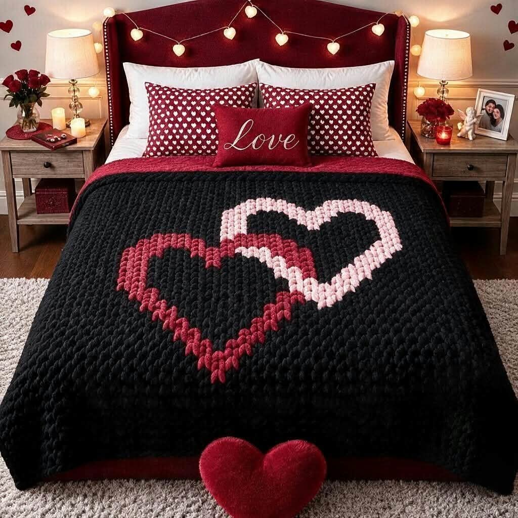 A cozy bedroom scene featuring a black chunky knit blanket with a large knitted heart design in red and white, styled with matching red and white polka dot pillows and a red 'Love' accent pillow on a dark red headboard.