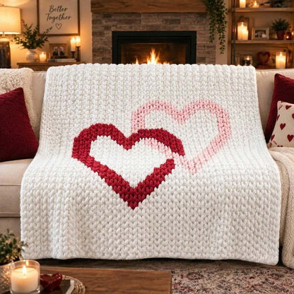 A chunky knit throw blanket draped over a sofa in a cozy living room. The blanket is off-white with two large heart motifs in red and pink, and the background shows a fireplace, candles, and home decor.