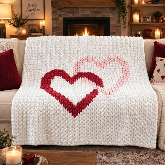 A chunky knit throw blanket draped over a sofa in a cozy living room. The blanket is off-white with two large heart motifs in red and pink, and the background shows a fireplace, candles, and home decor.