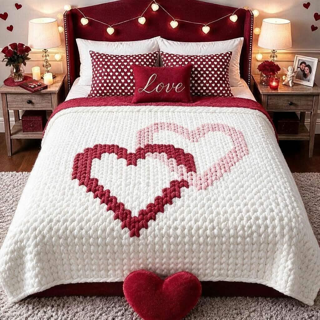A cozy Valentine's Day themed bedroom featuring a white textured knit blanket on the bed with a large red and pink heart pattern, matching red and white polka dot pillows, and a red 'Love' pillow on a dark red headboard.