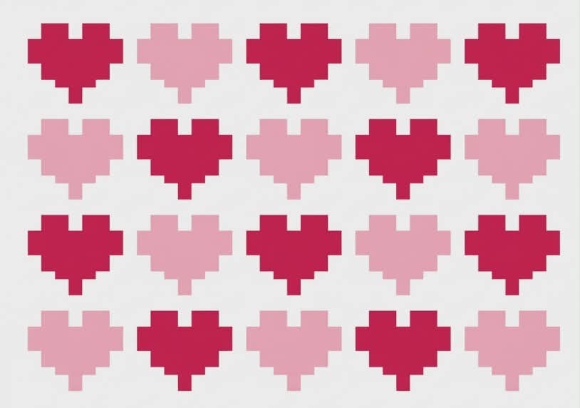 Pattern of pink and red pixelated hearts on a light gray background