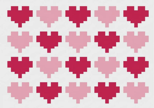 Pattern of pink and red pixelated hearts on a light gray background