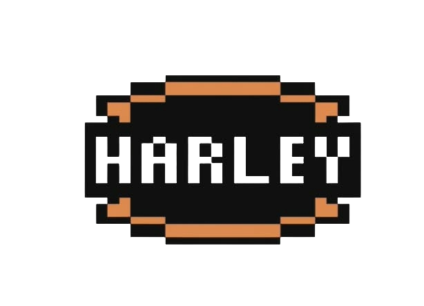 Pixelated logo with the word 'HARLEY' on a black background