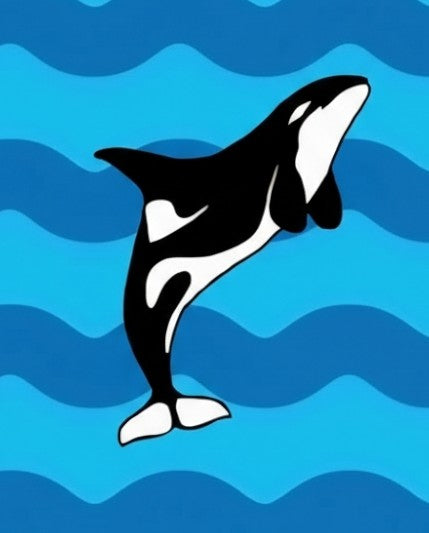 Orca whale jumping out of water with blue wave pattern