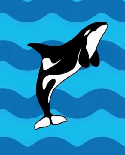 Orca whale jumping out of water with blue wave pattern