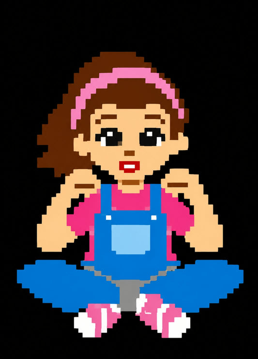 Pixel art illustration of a girl with brown hair, a pink headband, a pink shirt, blue overalls, and pink-and-white sneakers, posed cross-legged against a black background.