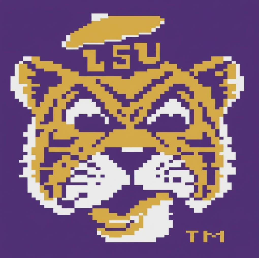 Pixelated LSU tiger logo on a purple background