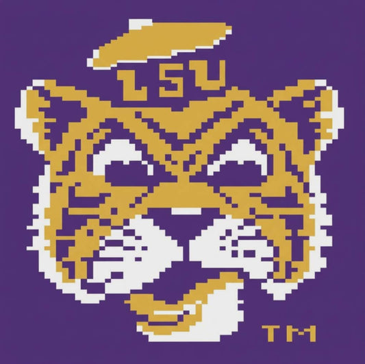 Pixelated LSU tiger logo on a purple background