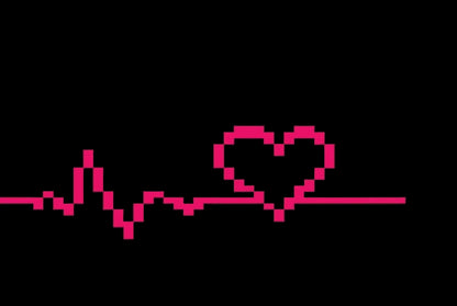 Pixelated heart shape with a line resembling a heartbeat on a black background