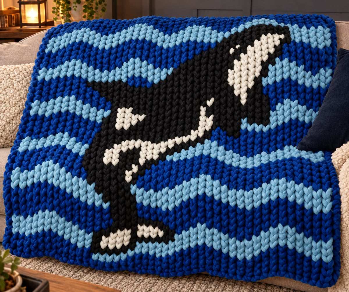 A chunky knit throw blanket featuring a black and white orca whale design over blue and light blue wavy ocean patterns, draped over a beige sofa.