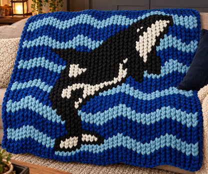 A chunky knit throw blanket featuring a black and white orca whale design over blue and light blue wavy ocean patterns, draped over a beige sofa.