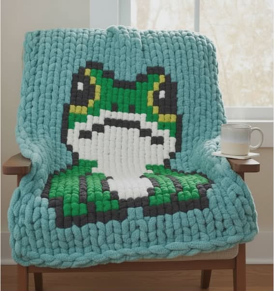 Teal knitted blanket with pixelated frog design draped over a chair.