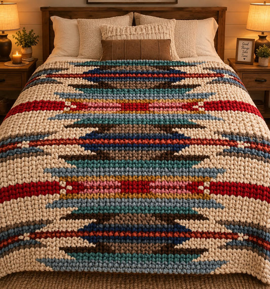 Aztec-inspired chunky knit blanket featuring bold geometric diamonds, zigzags, and traditional-style patterns in rich brown, navy blue, denim blue, and brick red. Made with thick, plush yarn and oversized hand-knit stitches for a warm, cozy texture.
